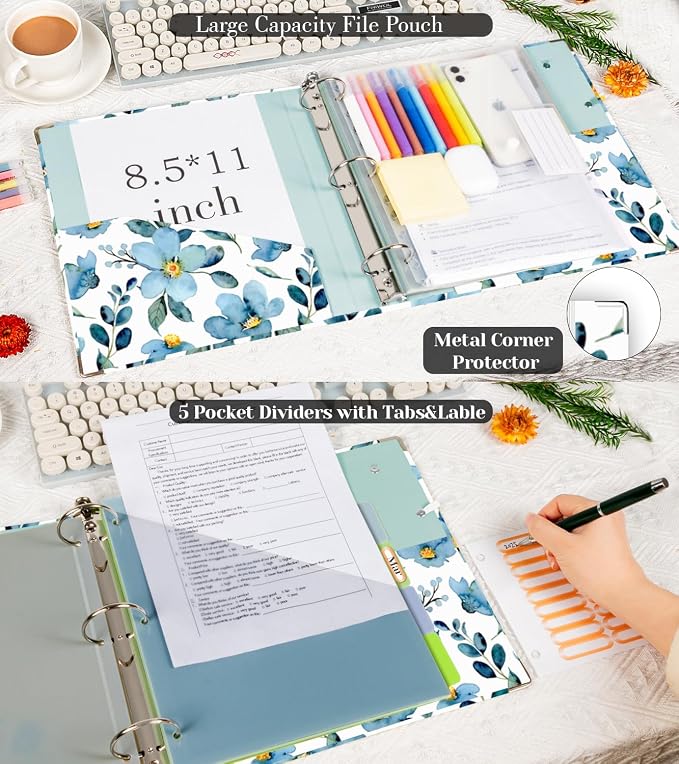 3 Ring 1 Inch Binder Organizer, KLLVE Three Ring Binders with Clipboard, 5-Tabs Pockets Dividers, Plastic Folder, 18 Divider Stikers,Pen Loop (Blue Flora, Letter Size)