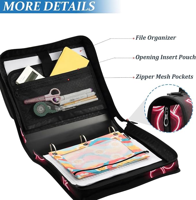 3 Ring Zipper Binder with Shoulder Strap Pink Neon Cherry 1.5 inch Binders Zip Up Binder Fit 500 Sheets Capacity for School Office Supplies
