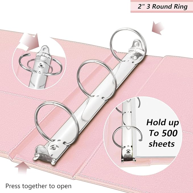 3 Ring Binder, 2 Inch Linen Binders Organizer for Letter Size (8.5" x 11") Paper with 5-Tabs Pockets Dividers, BVSSX Leather Three Ring Binders with Clipboard, Plastic Folder, Pen Loop - Pink Tulips