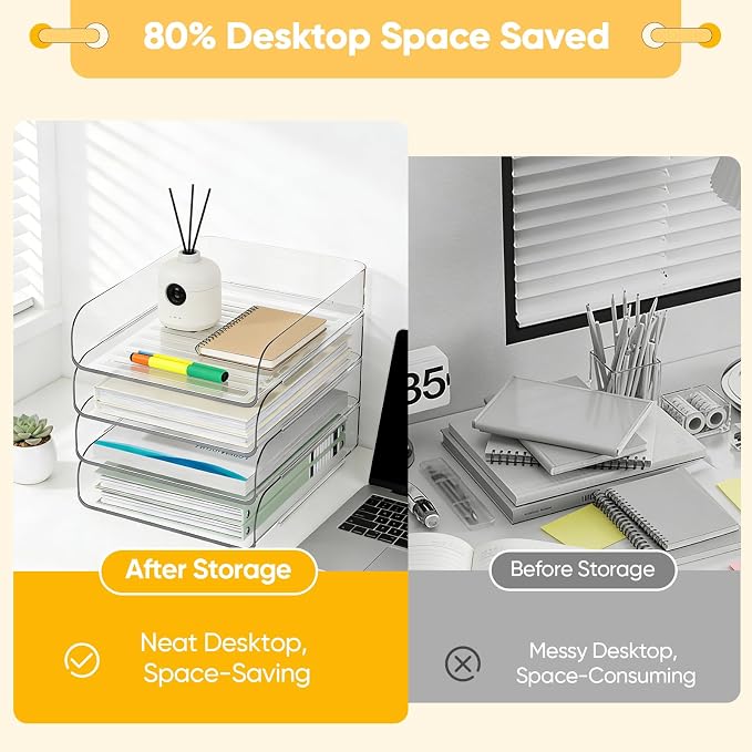 HIYOHIYO Clear Office Desk Organizer for A4 Letter Paper, 4-Tier Vertical | Stackable | Large Capacity | Sturdy Office DeskTtop Organizer for File Folder, Stable Home Desk Paper Holder and Storage