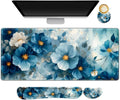Desk Mat Pad, Gaming Mouse Pad Wrist Support Set, 4 in1 Non-Slip Large Mousepad + Ergonomic Design Keyboard Wrist Rest+Mouse Wrist Rest+Coaster for Home Office Computer I Blue Floral Watercolor