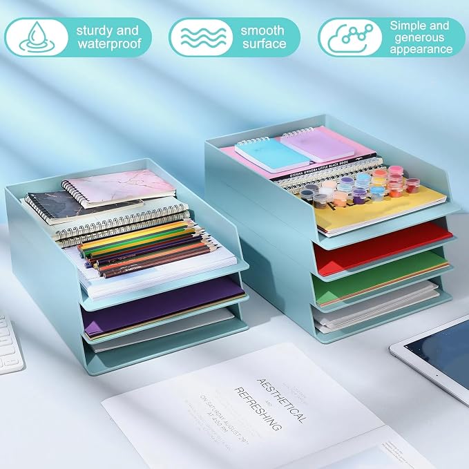 Tatuo 8 Pack Stackable Paper Trays Plastic Letter Tray Desk Organizer Paper Holder Organizer Storage Office Desk Accessories for Classroom Magazine File Documents 12.8 x 9.45 x 1.97, Blue Green