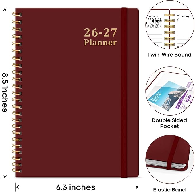 Taja Planner 2026-2027, 6.3" x 8.5" Calendar Planner, Jul 2026-Jun 2027 | A5 Hardcover Weekly & Monthly Academic Year Planner, Large Planning Agenda With Tabs, School & Office Supplies, Burgundy