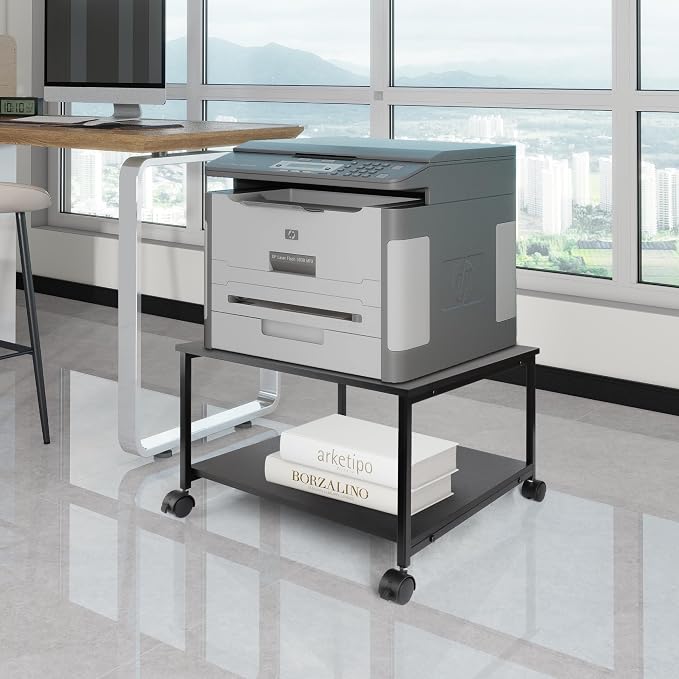 EMERIT 2-Tier Under Desk Printer Stand w/Storage - 19.5x19.5x12.8''Heavy Duty Rolling Cart, Mobile Printer Table with Lockable Wheels for Home Office Organization - Industrial Style