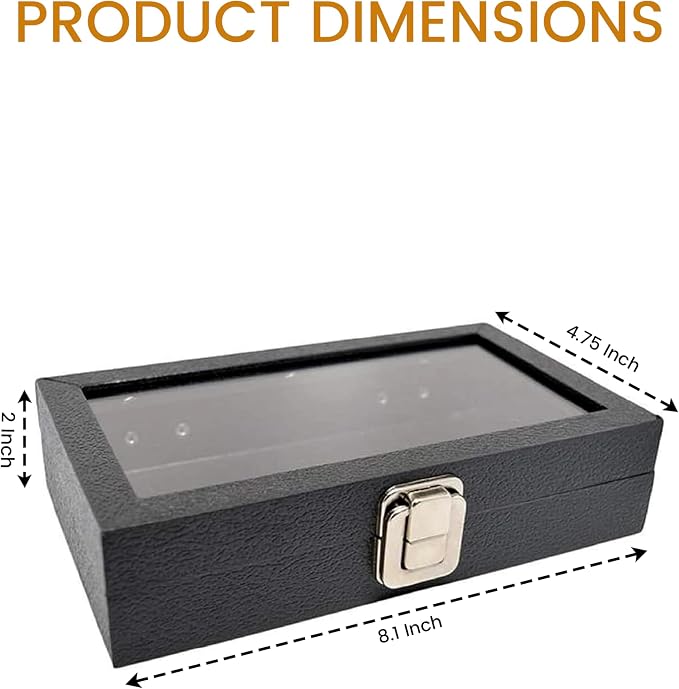 Novel Box Jewelry Organizer Box Black Leatherette 8.25x7.25x2 Medium Size Glass Jewelry Box with Lid with Metal Clasp - Gem Display Case -Jewelry Display Case for Necklaces Bracelets Rings Accessories