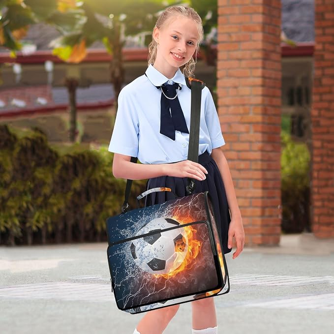 Water Fire Soccer Zipper Binder Bag 3 Ring Binder with Shoulder Strap Zip Up 500 Sheets Capacity Multi Pockets for School Office Supplies