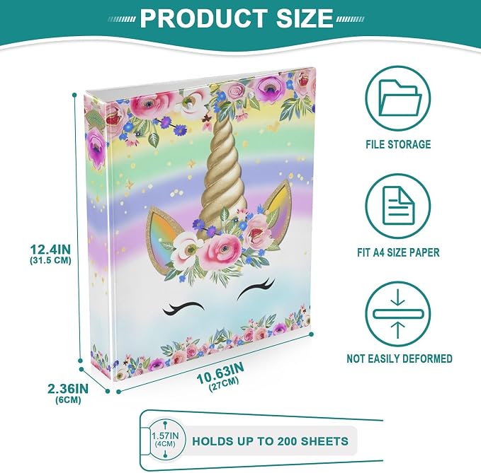 3 Ring Binder Unicorn Pink 1.5" Round Ring Binders View Binder with 200 Sheet for Kids School Supplies Women Men Office, 1 Pack