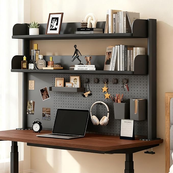 Clamp On Desk Shelf Organizer with Pegboard Desk Hutch Dorm with Storage Bookshelf Desk Top Organizer Shelf Multi-Purpose White & Black Desktop Shelves & Office Shelves (Black, W - 31.5")