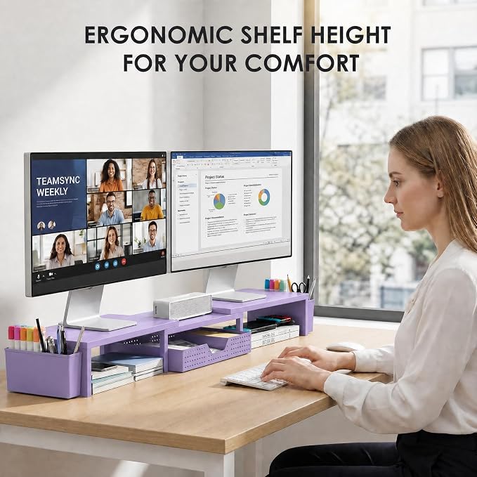 Desk Organizers and Accessories, Dual Monitor Stand Riser with Drawer and 2 Pen Holders, Desk Shelf Computer Racks for Office Workspace Organizers, Desktop Organization (Purple)