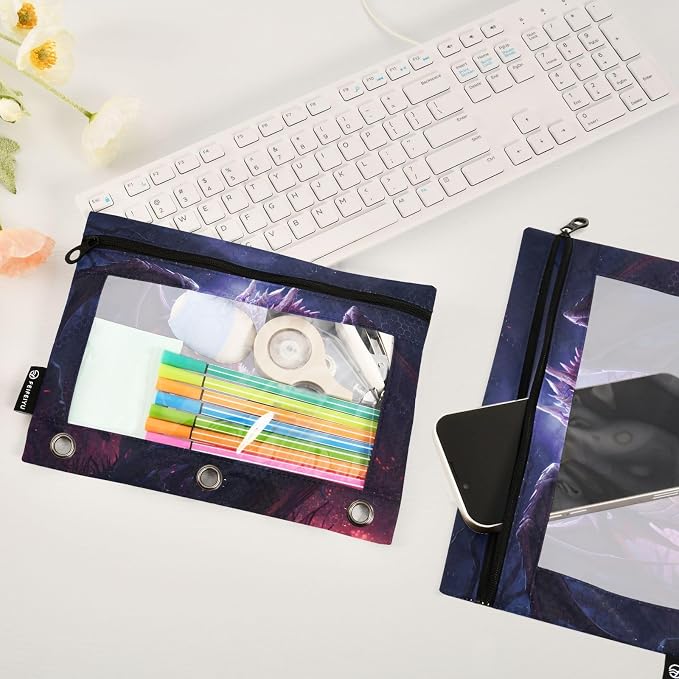Dragon Purple Pencil Pouch for 3 Ring Binder, 2 Pack Waterproof Pencil Bags Clear Window Zipper School Office Supplies