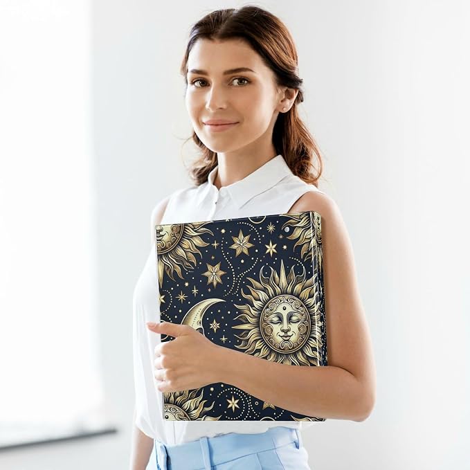 3 Ring Binder, Golden Sun Moon Stars Boho File Folder Holds 200 Sheets File Storage for Women Men School Office Supplie
