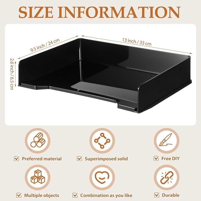 DoubleFill 8 Pcs Stackable Letter Tray Rectangular Plastic Desk Organizer 13 x 9.5 x 2.6 in Paper Holder File Tray Accessories Rack for Desktop Office Desk Drawers (Black)