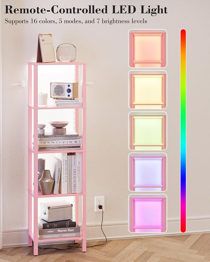 Open Book Shelf with LED Lights, 5 Tier Tall Bookshelf, Freestanding Shelf Narrow Bookcase with Open Shelves, 14.96" x 10.63" x 53.54", Book Shelves for Living Room, Office, Study, Pink