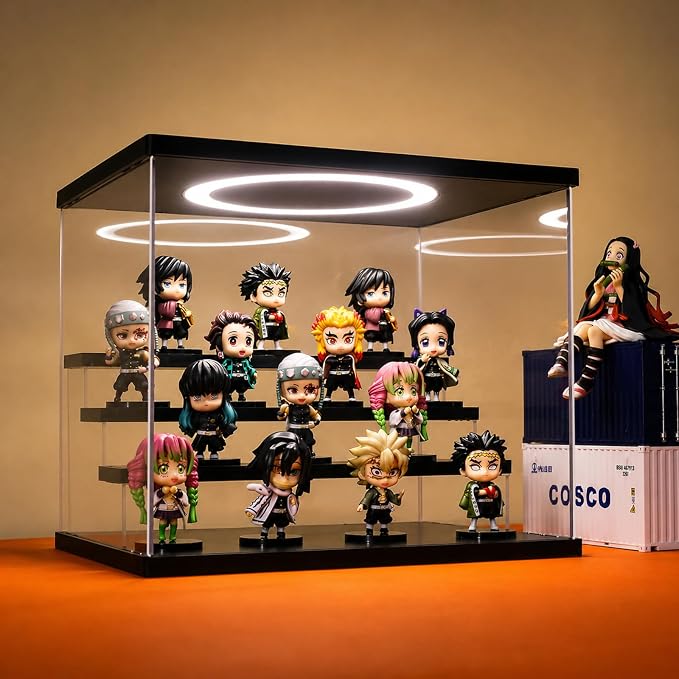 Acrylic Display Case with Adjustable LED Light, 4 Tier Clear Display Box Dustproof Showcase for Action Figures, Collectibles and Mini Toys, Assembly Display Cabinet(Black 12.5×9.5×10.4in)