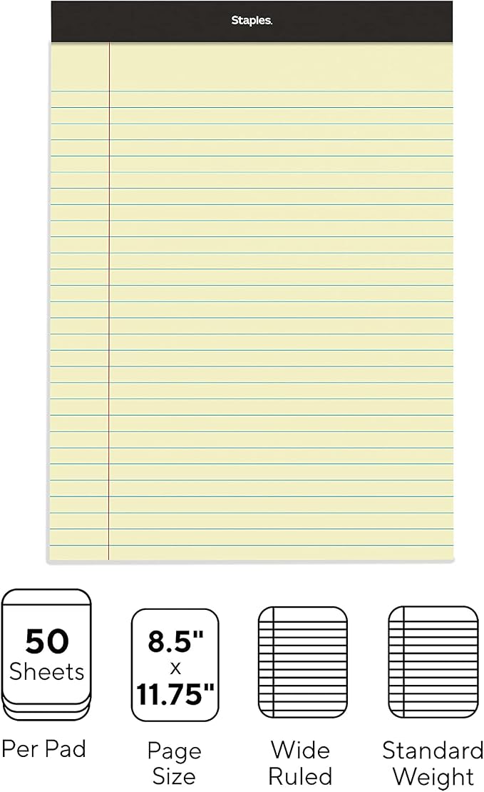 Staples Legal Pads, 8.5x11.75 Inch, Wide Ruled, Yellow, 12-Pack