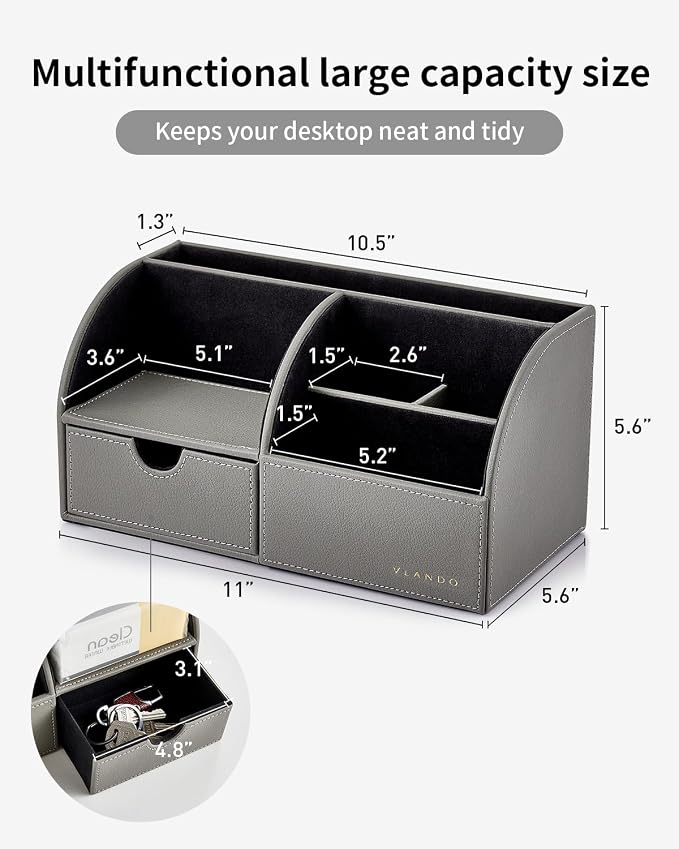 VLANDO Desk Organizer with Drawer for Office, Vanity and Nightstand, Grey | Leather caddy with compartments and drawer organizes office supplies, makeup and bedside essentials in one station