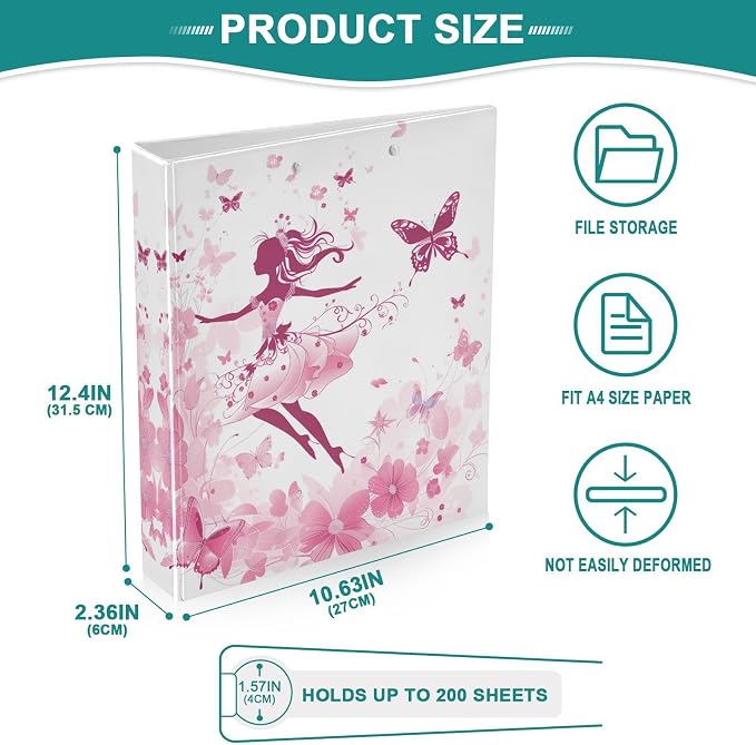 Butterfly Floral Fairy 1.5 Inch 3 Round Ring Binders with Pocket Clip, Holds 200 Sheets Documents for Office Classroom Student Organization Hard d Ring Binders with Printed