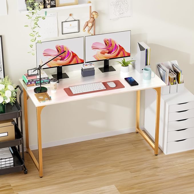 PayLessHere | 47 Inch Computer Desk | White Gold | Sturdy Office Desk | Metal Frame, Adjustable Feet | Water-Resistant, Scratchproof Surface | Writing Table for Home Office or Study | Pack of 1