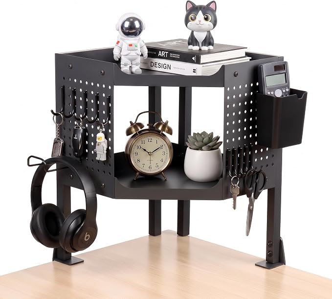 2-Tier Metal Clamp On Desk Shelf, Desk Organizer with 2 Pegboards and Hooks | Heavy Duty Corner Desk Shelf with Removable Pegboards Headphone Holder Pencil Cup and Hooks for Desk organizers Accessories