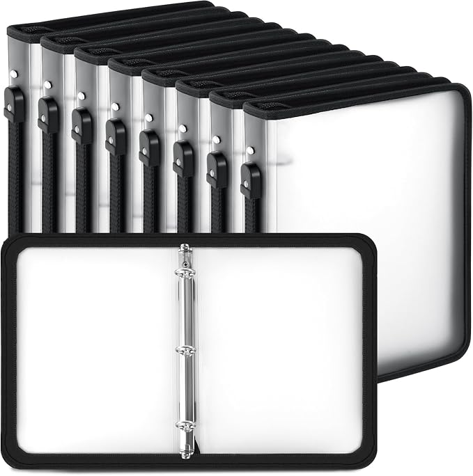 Teling 8 Pcs 2 Inch Zipper Binder 3 Ring Organizer, White | Secure Zipper Closure, Refillable 3 Ring Design, Handle Carry, Fits Letter Size Papers for School, Office and Projects