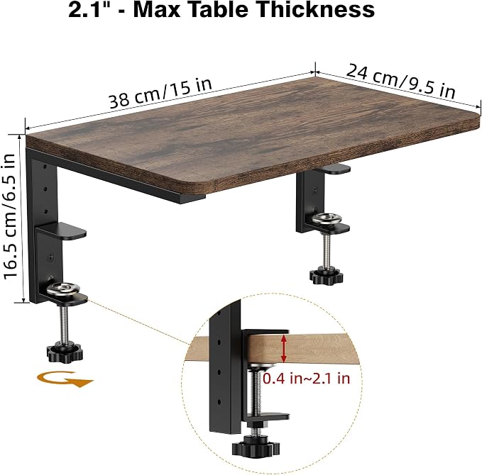 Desk Extender, 15-inch Clamp-On Desk Shelf, Height-Adjustable Desktop Shelf Organizer for Monitors Office and Gaming Accessories, Arm Support Table Extension, 44lbs Heavy Duty, Dark Brown