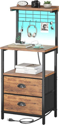 sthmec Tall Nightstands with Charging Station, LED Night Stand Bedsides with 2 Drawers Fabric, Hooks,USB Port and Open Storage Shelves,Tall End Table Bedside for Bedroom,Office, Rustic Brown