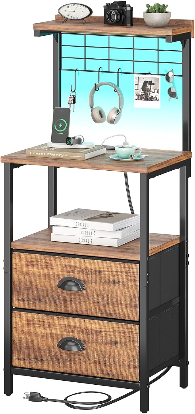 sthmec Tall Nightstands with Charging Station, LED Night Stand Bedsides with 2 Drawers Fabric, Hooks,USB Port and Open Storage Shelves,Tall End Table Bedside for Bedroom,Office, Rustic Brown