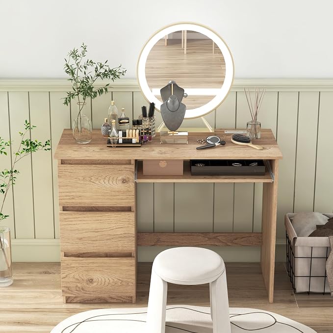 Tangkula Computer Desk with 3 Storage Drawers & Built-in Charging Station, Home Office Desk with Keyboard Tray, PC Desk Study Writing Desk, Vanity Table for Bedroom, Computer Workstation (Natural)