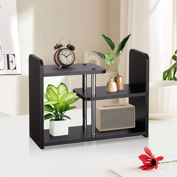 Desktop Organizer,Office Storage Rack,Wood Small Bookshelf,Black | Display Shelf,Office Shelf,Desk Organizer Small Tabletop Hutch for Office,Dorm,Living Room,Counter Top