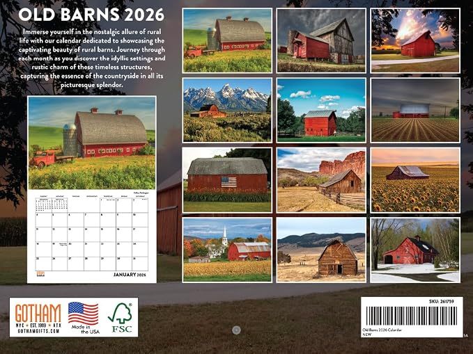 Old Barn Calendar 2026 Country Farm Monthly Wall Calender 12 Month | American Made In The USA