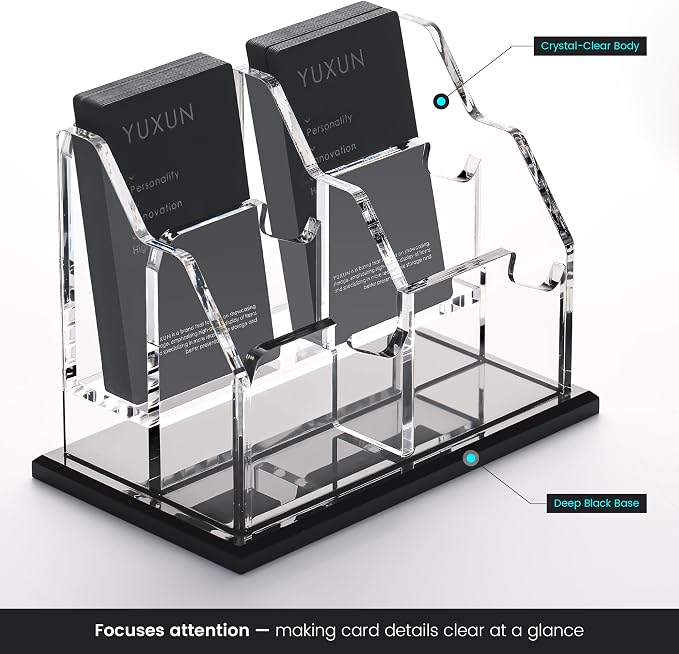 YUXUN Business Card Holder for Desk Vertical 2 Tier 4 Slot ,Black Acrylic Business Card Display Stand for Men & Women,Desktop Business Card Organizer for Office Home Exhibition, 200 Card Capacity