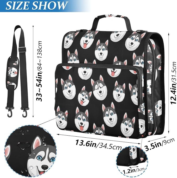 Cartoon Husky Dark Print Zipper Binder Bag 3 Ring with Shoulder Strap & Handle Multi Pocket Binder Organizer Bag Large Capacity for School Office Supplies
