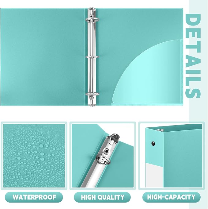 Henoyso 12 Pcs 1.5 Inch 3 Ring Binders, Letter Size,Teal | Binders Bulk, Holds 350 Sheets, Round Rings, Durable Flexible PP Plastic Covers, Pockets Labels, School Office Supplies