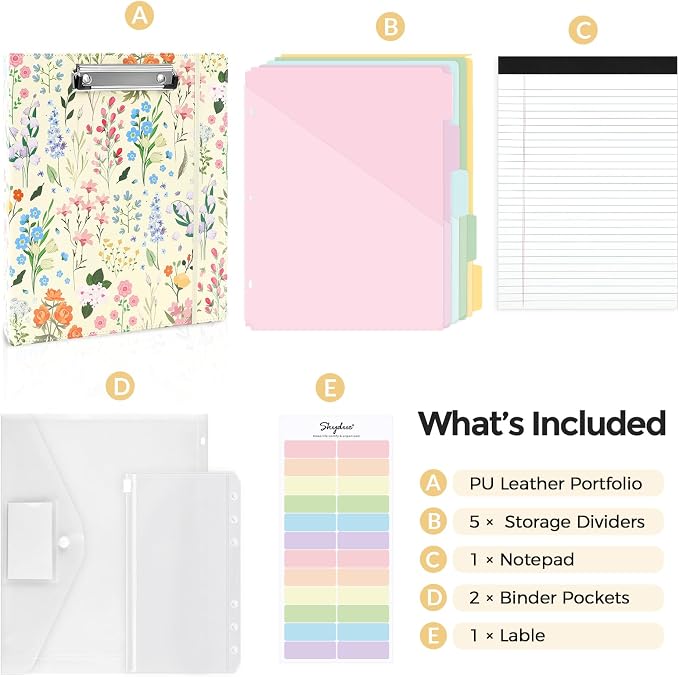 SKYDUE 1 Inch 3-Ring Binder with Clipboard, PU Aesthetic Binder with 5 Dividers, Notepad, Stickers & Pockets for Work and School (Letter Size)