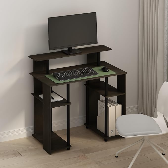 Furinno TOMI Desk, 35.3" Wide Gaming Desk with Hutch and Storage Shelves, with Monitor Stand, for Computer, Laptop, Writing, Office, Living Room, Bedroom, Walnut