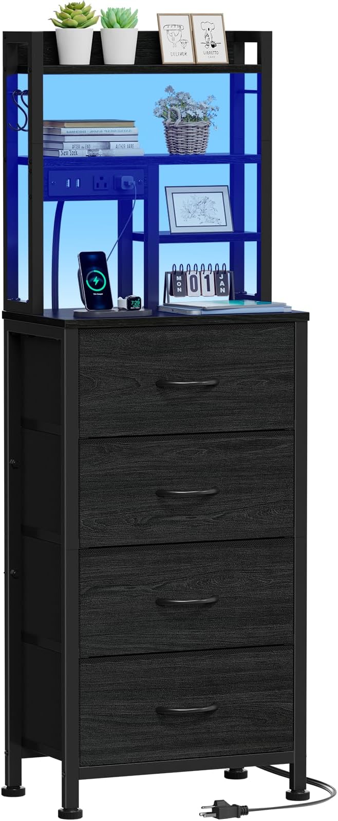 Tall Nightstand, LED Night Stand with Charging Station | USB Ports, 4 Fabric Drawers and 4 Tier Storage Shelf, Nightstands Bedside Tables for Bedroom, Dorm, Office (Black Oak)