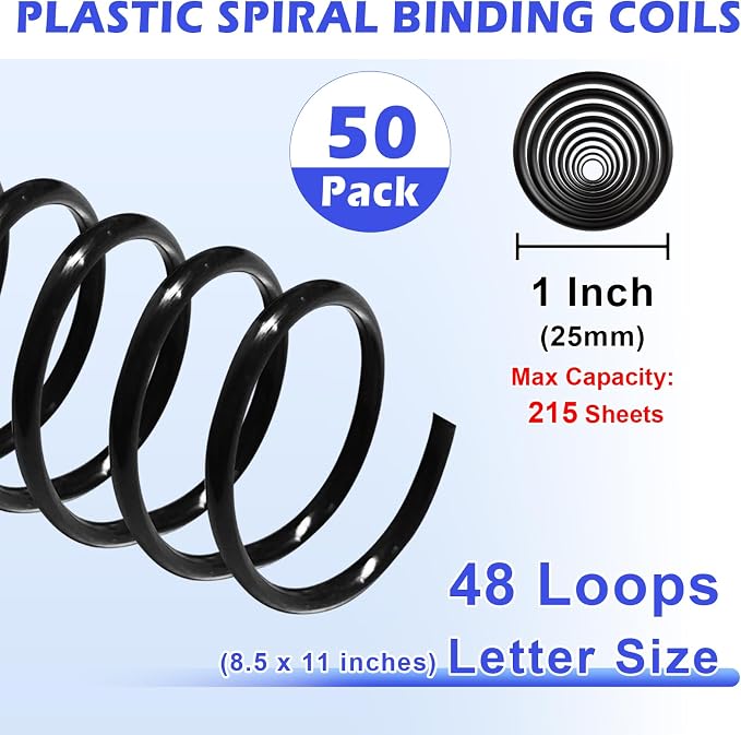 TOTiyea 100 Pack Spiral Binding Coils,25mm,4:1 Pitch 215 Sheet Capacity | Spiral binding coils,Black,can be used with letter size (8.5x11") or A4 size paper (8.3x11.7"),bound projects can lay flat