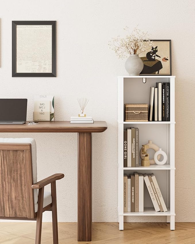 Bookshelf, Modern 3-Tier Bookcase, Open Storage Book Shelf, 11 × 14.2 × 38.9 Inches, Small Narrow Bookshelves for Living Room, Home Office, Bedroom, White