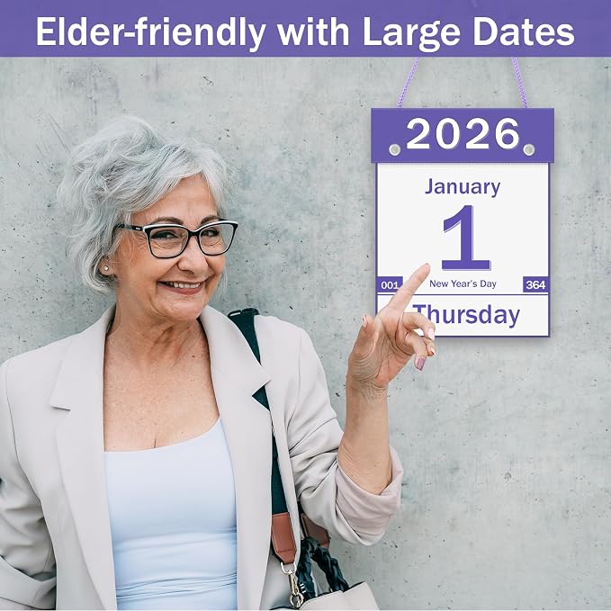 2026 Daily Wall Calendar, Tear off Page per Day with Large Print Dates | 365 Day Calendar for Seniors Gift Home Office School Dorms with Hanging String, 8.5" x 6", Purple