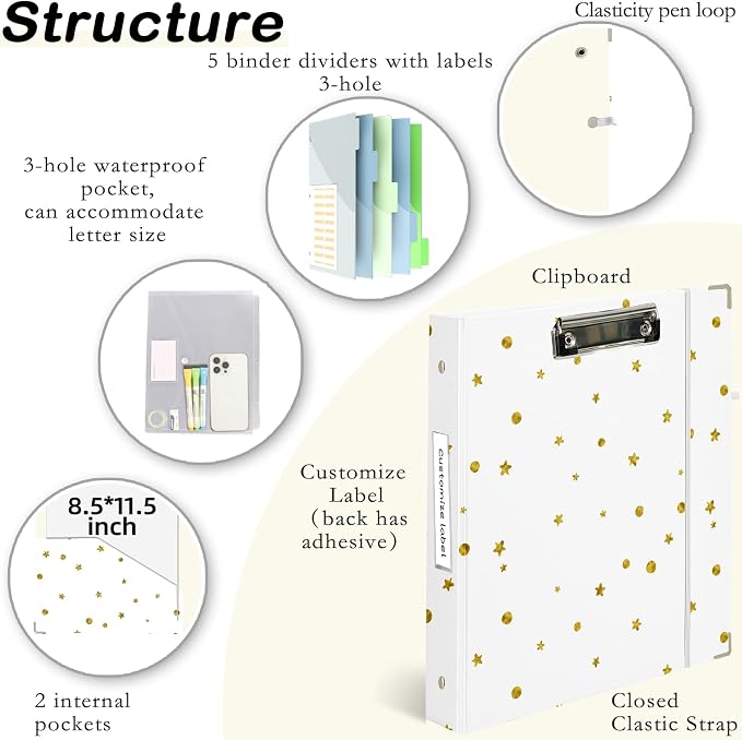 3 Ring Binder 1 inch with Clipboard - White with Gold Dots & Stars Design, Includes Dividers, File Bag & Spine Label - Glamorous and Functional for Any Setting, Holographic Waterproof Film