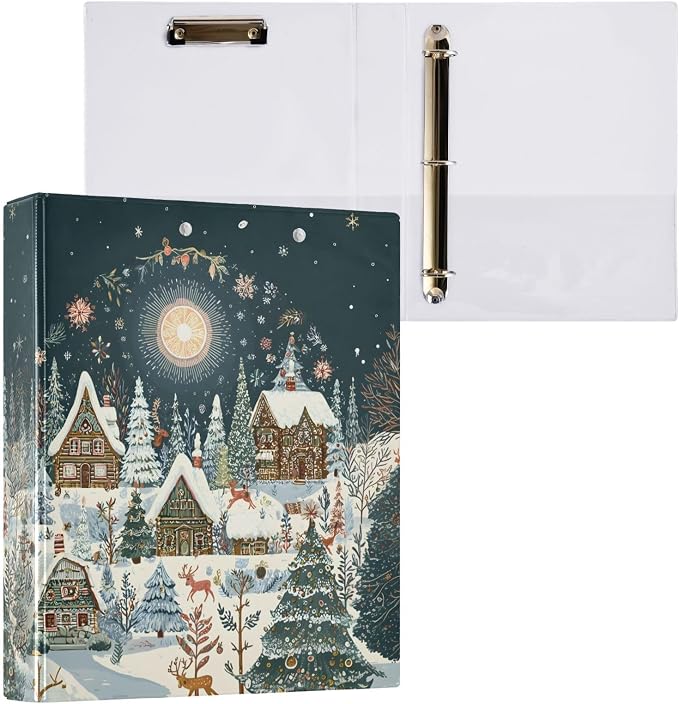 3 Ring Binder Christmas House Winter 1.5 inch Binders Three Ring Binders with Clipboard Fit 8.5'' x 11'' Paper 3 Interior PVC Clear Pockets for Office Supplies