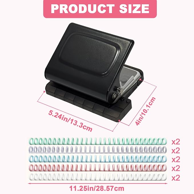 10 Hole Punch Binding Machine for Planner, Manual Binding System with 10 Multi-Color Binder Rings for Making 26 Holes on B5, 30 Holes on A4, 20 Holes on A5 Book, 10 Sheet Capacity - Black