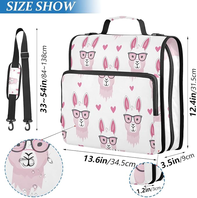 Funny Llamas Pink Glasses Zipper Binder Bag 3 Ring Binder with Shoulder Strap Zip Up 500 Sheets Capacity Multi Pockets for School Office Supplies
