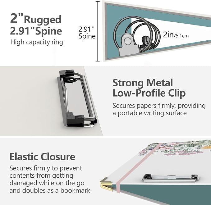 3 Ring Binder 2 Inch, Round Ring Binders with 6 Tab Dividers, 2 Interior Storage Pockets, Cute Low Profile Clipboard, Fashion School Office Supplies, Folders Organizer, Portfolio (Wild Flowers)