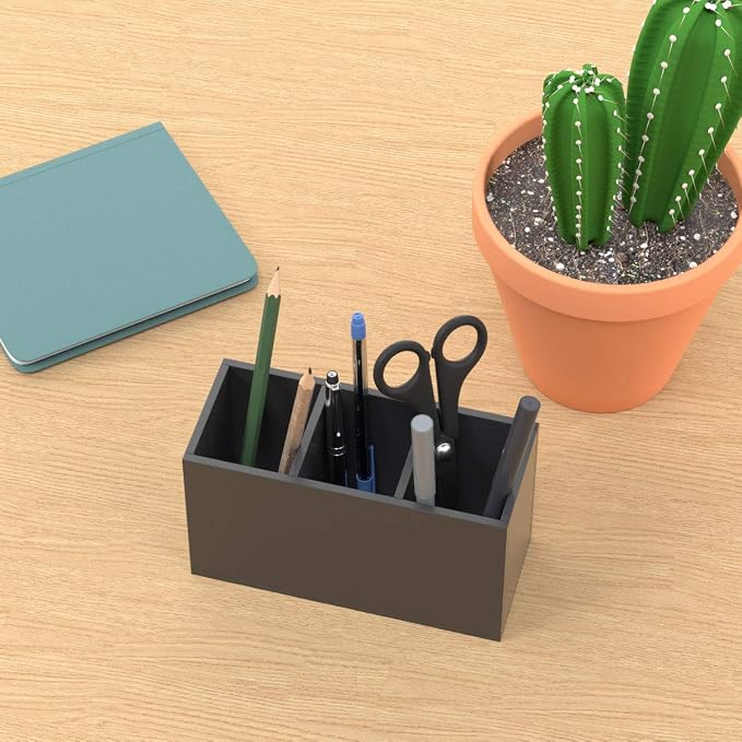 NIUBEE Black Pen Holder 3 Compartments, Acrylic Desk Pencil Organizer Cup | Scratch-resistant thick acrylic with 3 slots for pens, pencils, makeup brushes, office, vanity and school use