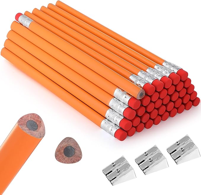 Fainne 48 Pcs Large Pencils 3 Sharpeners,Orange+silver,Triangle