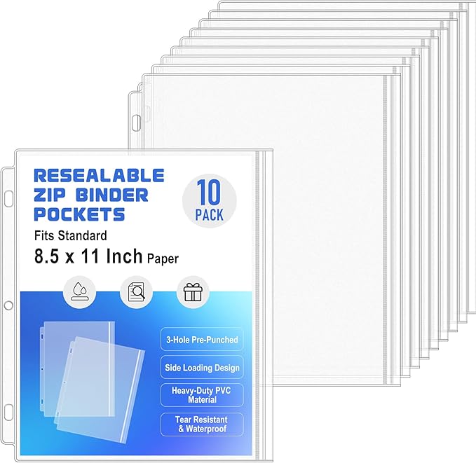 10 Pack Letter Size Binder Pockets 3 Ring Binder Zipper Pouch, 3-Hole Waterproof Resealable Zip Loose Leaf Insert Bags PVC Document Organizer Folders Page Sheet Protectors for 8.5x11 Paper