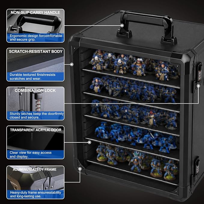 Miniature Carrying Case for Wargame Figures, Mini Display Case, X-Large | Aluminum Alloy, 6 Metal Trays, Combination Lock, Shoulder Strap, Storage Case for Collectibles, Tabletop Figure