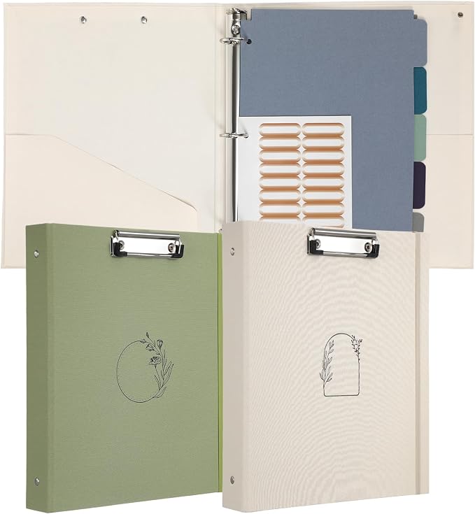2 Pcs 3 Ring 1 Inch Linen Binder Organizer for 8.5" x 11" Letter Sized Paper Clipboard Binders with Pockets, Tab Dividers, Labels Stickers for School Office Supplies