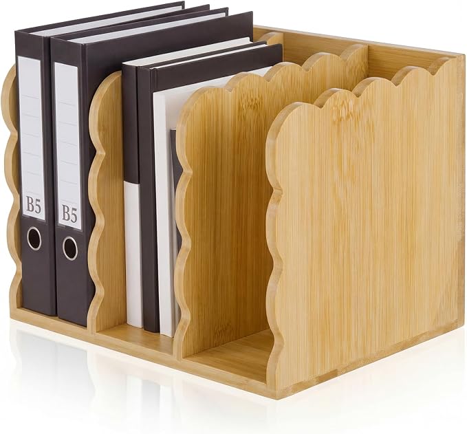 Novabright Scalloped Bamboo Wooden File Magazine Holder Desk Organizer, 3 Vertical Compartments Workspace Sorters for Magazines, Binders, Notebooks, Envelopes
